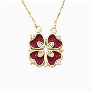 Copper Heart Clover Necklace Pave Zirconia Enamel Gold Plated, approx 18mm, 42-47cm length [FN56378]