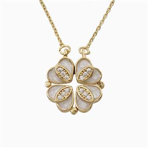 Copper Heart Clover Necklace Pave Zirconia Enamel Gold Plated, approx 18mm, 42-47cm length [FN56383]
