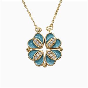 Copper Heart Clover Necklace Pave Zirconia Enamel Gold Plated, approx 18mm, 42-47cm length [FN56384]