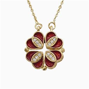 Copper Heart Clover Necklace Pave Zirconia Enamel Gold Plated, approx 18mm, 42-47cm length [FN56385]