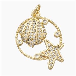 Copper Scallop Shell And Starfish Pendant Pave Zirconia Gold Plated, approx 18mm [FN56470]