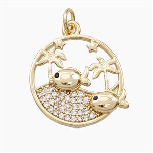 Copper Fish And Coconut Tree Pendant Pave Zirconia Gold Plated, approx 18mm [FN56471]