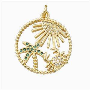 Copper Sun Crab And Coconut Tree Pendant Pave Zirconia Gold Plated, approx 22mm [FN56474]