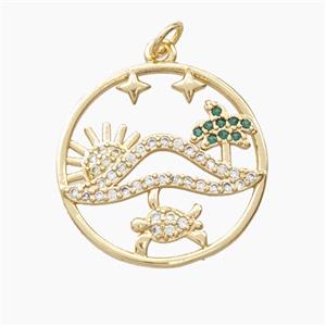 Copper Sun Tortoise And Coconut Tree Pendant Pave Zirconia Gold Plated, approx 23mm [FN56475]