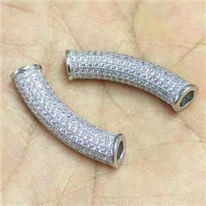 Copper Tube Beads Micropave Zirconia Curving Large Hole Platinum Plated, approx 7-34mm, 4mm hole [FN56507]