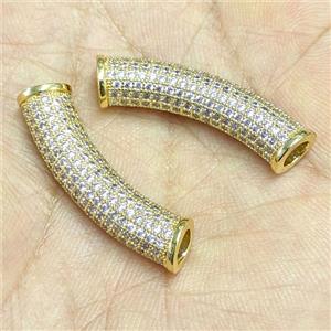Copper Tube Beads Micropave Zirconia Curving Large Hole Gold Plated, approx 7-34mm, 4mm hole [FN56508]