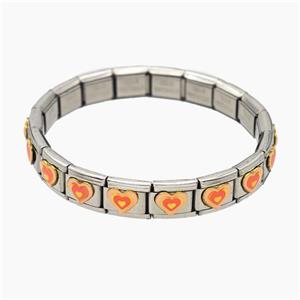 Raw Stainless Steel Module Bracelet With Heart Orange Enamel, approx 9-10mm, 17cm length [FR11627]