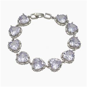 Copper Bracelet Pave Zirconia Heart Platinum Plated, approx 13mm, 18cm length [FR11677]