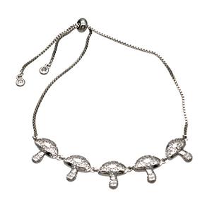 Copper Mushroom Bracelet Pave Zirconia Adjustable Platinum Plated, approx 12mm, 1mm, 27cm length [FR11692]