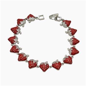 Copper Strawberry Bracelet Pave Zirconia Red Enamel Platinum Plated, approx 12mm, 19cm length [FR11719]