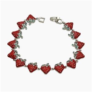 Copper Strawberry Bracelet Pave Zirconia Red Enamel Platinum Plated, approx 12mm, 19cm length [FR11720]