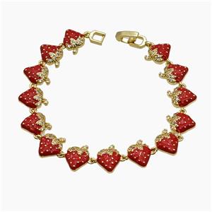 Copper Strawberry Bracelet Pave Zirconia Red Enamel Gold Plated, approx 12mm, 19cm length [FR11724]