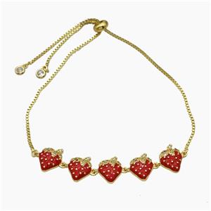 Copper Strawberry Bracelet Pave Zirconia Red Enamel Adjustable Gold Plated, approx 12-60mm, 27cm length [FR11726]
