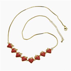 Copper Strawberry Necklace Pave Zirconia Red Enamel Gold Plated, approx 12-90mm, 47-53cm length [FR11728]