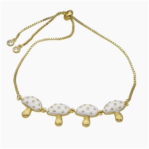 Copper Mushroom Bracelet White Enamel Adjustable Gold Plated, approx 13-60mm, 27cm length [FR11731]