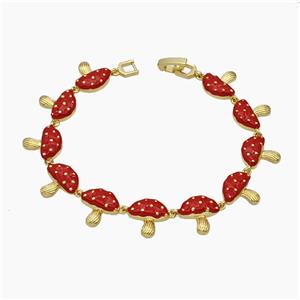 Copper Mushroom Bracelet Red Enamel Gold Plated, approx 13mm, 19cm length [FR11740]