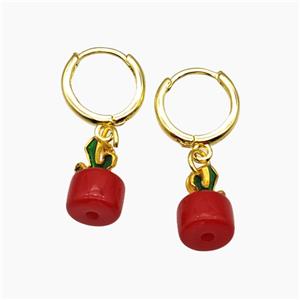 Copper Hoop Earrings Pave Red Pearlized Resin Gold Plated, approx 8-14mm, 14mm dia [FR11741]
