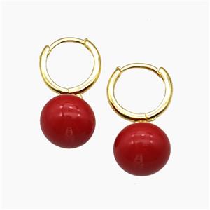 Copper Hoop Earrings Pave Red Pearlized Resin Ball Gold Plated, approx 8-12mm, 14mm dia [FR11742]