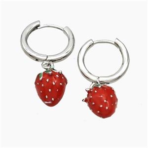 Copper Strawberry Hoop Earrings Red Enamel Platinum Plated, approx 8-10mm, 14mm dia [FR11745]