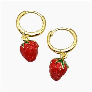 Copper Strawberry Hoop Earrings Red Enamel Gold Plated, approx 8-10mm, 14mm dia [FR11746]