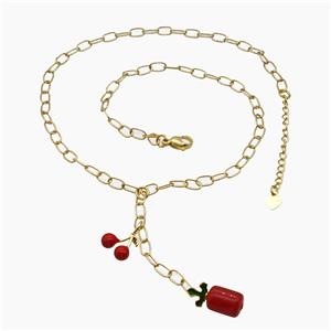 Copper Cherry Necklace Red Enamel Gold Plated, approx 12mm, 8-18mm, 45cm length [FR11750]
