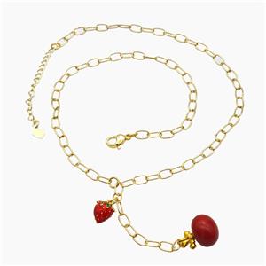 Copper Strawberry Necklace Red Enamel Gold Plated, approx 8-10mm, 12-17mm, 45cm length [FR11751]