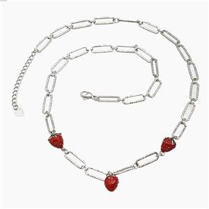 Copper Strawberry Necklace Red Enamel Platinum Plated, approx 8-10mm, 6-15mm, 48-53cm length [FR11752]