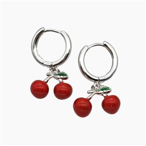 Copper Cherry Hoop Earrings Red Enamel Platinum Plated, approx 10-15mm, 14mm dia [FR11757]