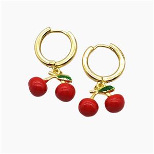 Copper Cherry Hoop Earrings Red Enamel Gold Plated, approx 10-15mm, 14mm dia [FR11758]