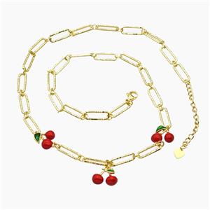 Copper Cherry Necklace Red Enamel Gold Plated, approx 10-12mm, 6-15mm, 48-53cm length [FR11762]