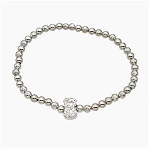 Copper Ball Bracelet With Letter-B Pave Zirconia Stretchy Platinum Plated, approx 8-10mm, 4mm, 16cm length [FR11769]