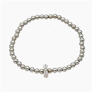Copper Ball Bracelet With Letter-I Pave Zirconia Stretchy Platinum Plated, approx 8-10mm, 4mm, 16cm length [FR11770]