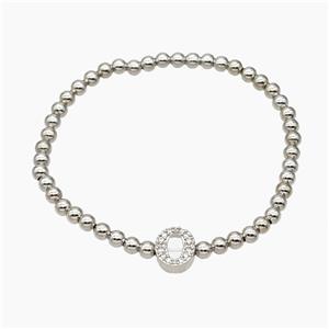 Copper Ball Bracelet With Letter-O Pave Zirconia Stretchy Platinum Plated, approx 8-10mm, 4mm, 16cm length [FR11771]