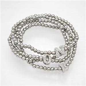 Copper Ball Bracelet With Letter Pave Zirconia Stretchy Platinum Plated Mix, approx 8-10mm, 4mm, 16cm length [FR11773]