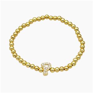 Copper Ball Bracelet With Letter-P Pave Zirconia Stretchy Gold Plated, approx 8-10mm, 4mm, 16cm length [FR11774]