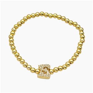 Copper Ball Bracelet With Letter-E Pave Zirconia Stretchy Gold Plated, approx 8-10mm, 4mm, 16cm length [FR11775]