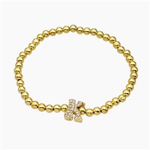 Copper Ball Bracelet With Letter-K Pave Zirconia Stretchy Gold Plated, approx 8-10mm, 4mm, 16cm length [FR11776]