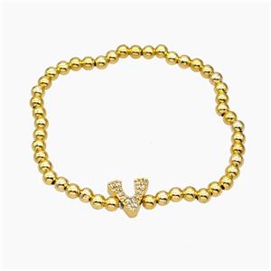 Copper Ball Bracelet With Letter-V Pave Zirconia Stretchy Gold Plated, approx 8-10mm, 4mm, 16cm length [FR11777]