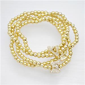 Copper Ball Bracelet With Letters Pave Zirconia Stretchy Gold Plated Mixed, approx 8-10mm, 4mm, 16cm length [FR11778]