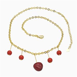 Copper Necklace With Red Pearlized Resin Gold Plated, approx 7mm, 15mm, 43-48cm length [FR11786]