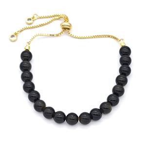 Black Dye Agate Bracelet Adjustable Copper Gold Plated, approx 6mm [FR11797]