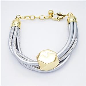 Silver PU Leather Bracelet With Copper Beads Gold Plated, approx 18-20mm, 3mm [FR11802]