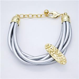 Silver PU Leather Bracelet With Copper Beads Gold Plated, approx 10-30mm, 3mm [FR11805]