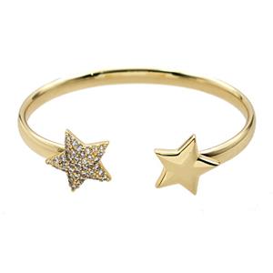 Copper Open Cuff Star Bangles Pave Zirconia 18K Gold Plated, approx 18mm, 60-65mm dia [FR12040]