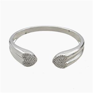 Copper Open Cuff Heart Bangles Pave Zirconia Platinum Plated, approx 13mm, 55mm dia [FR12081]