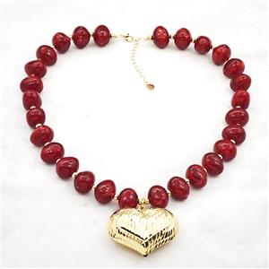 Red Resin Necklace With Heart Pendant Gold Plated, approx 35-45mm, 13-16mm, 40cm length [FR12143]