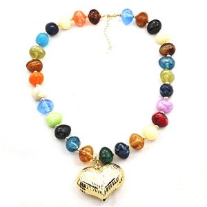 Resin Necklace With Heart Pendant Multicolor Gold Plated, approx 35-45mm, 13-16mm, 40cm length [FR12144]