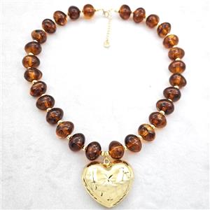 Ambercoffee Resin Necklace With Heart Pendant Gold Plated, approx 30mm, 13-16mm, 40cm length [FR12152]
