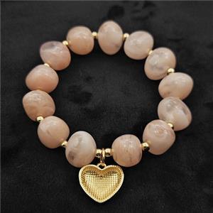 Peach Resin Bracelet With Heart Pendant Stretchy Gold Plated, approx 18mm, 13-16mm, 24cm length [FR12155]