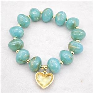 Teal Resin Bracelet With Heart Pendant Stretchy Gold Plated, approx 18mm, 13-16mm, 24cm length [FR12159]